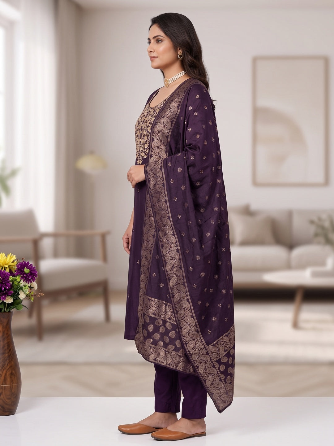 Peachmode Deep Purple Embroidered Roman Silk Dress Material - Image 4