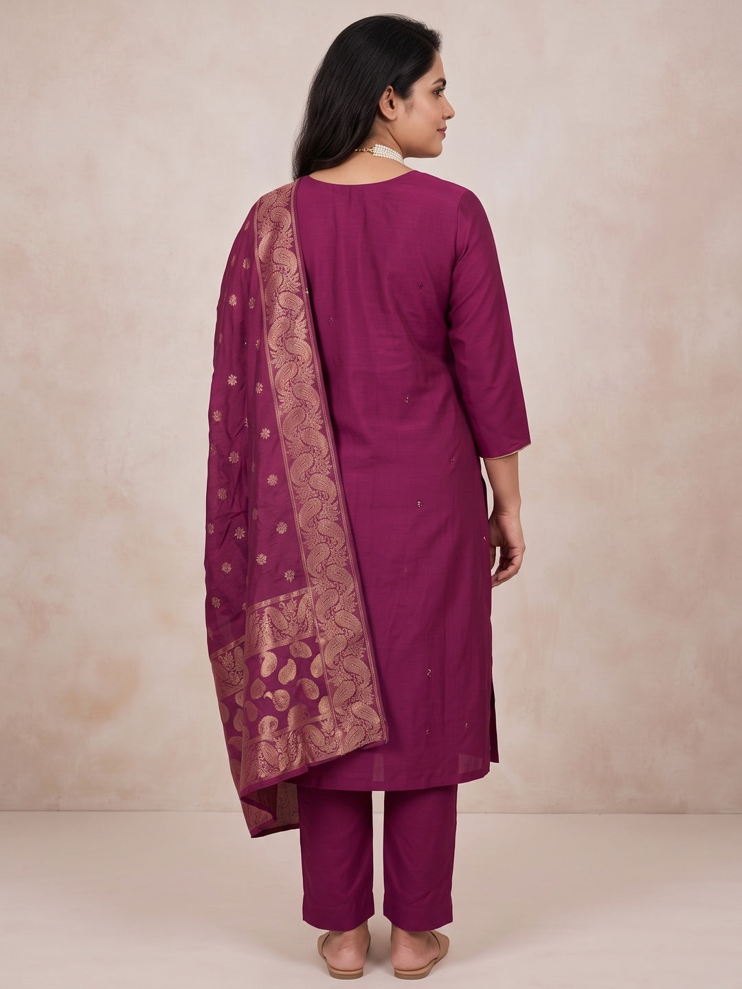Peachmode Magenta Embroidered Roman Silk Dress Material - Image 3