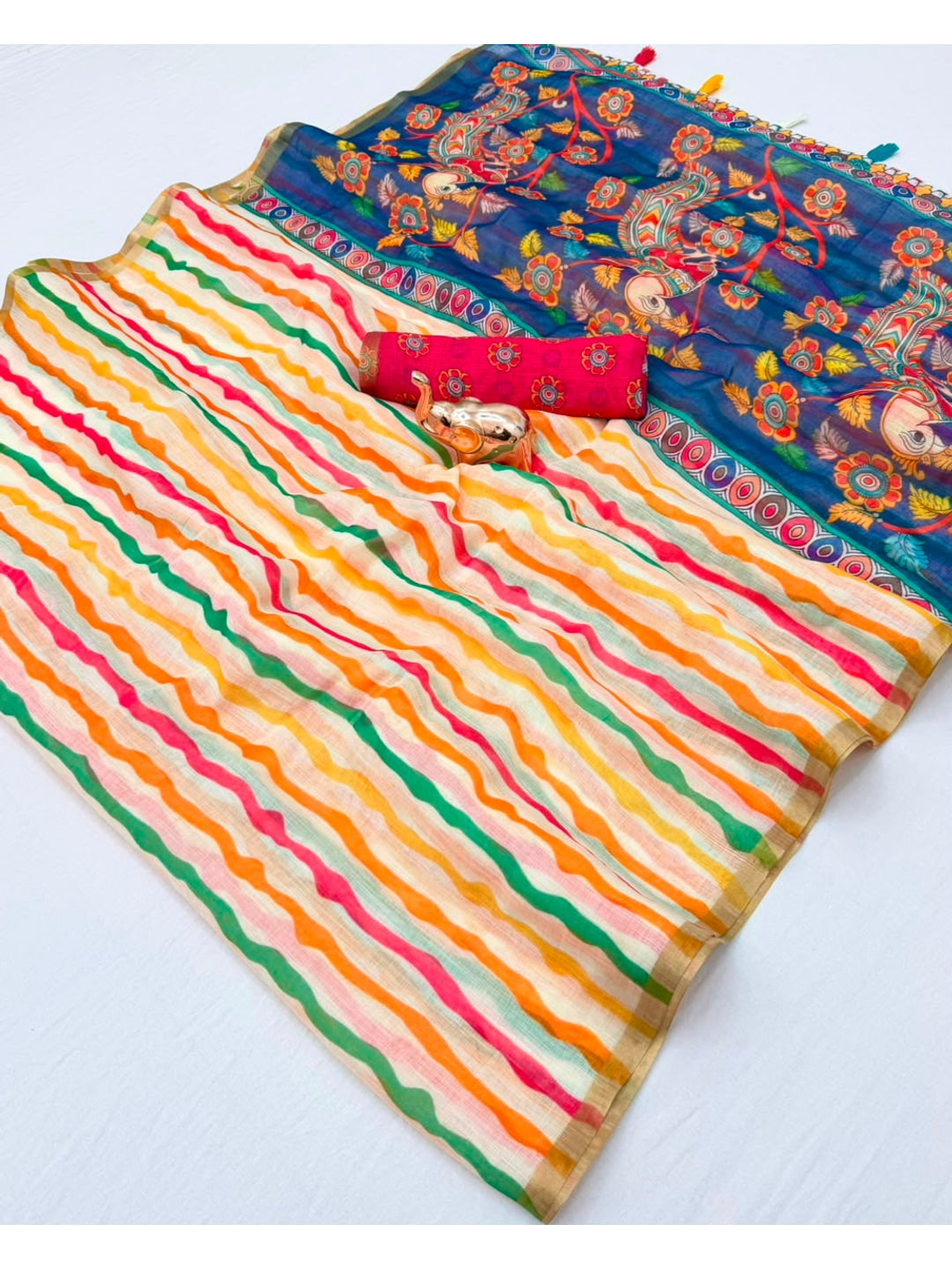 Peachmode Multicolor B Kalamkari Print Linen Cotton Saree - Image 2