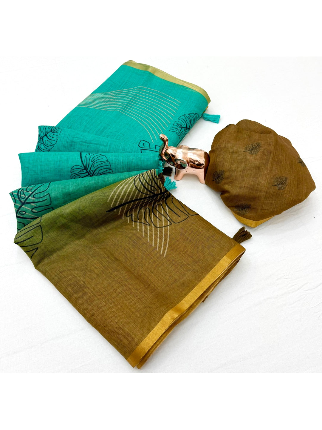 Peachmode Teal Olive Kalamkari Print Linen Cotton Saree - Image 2