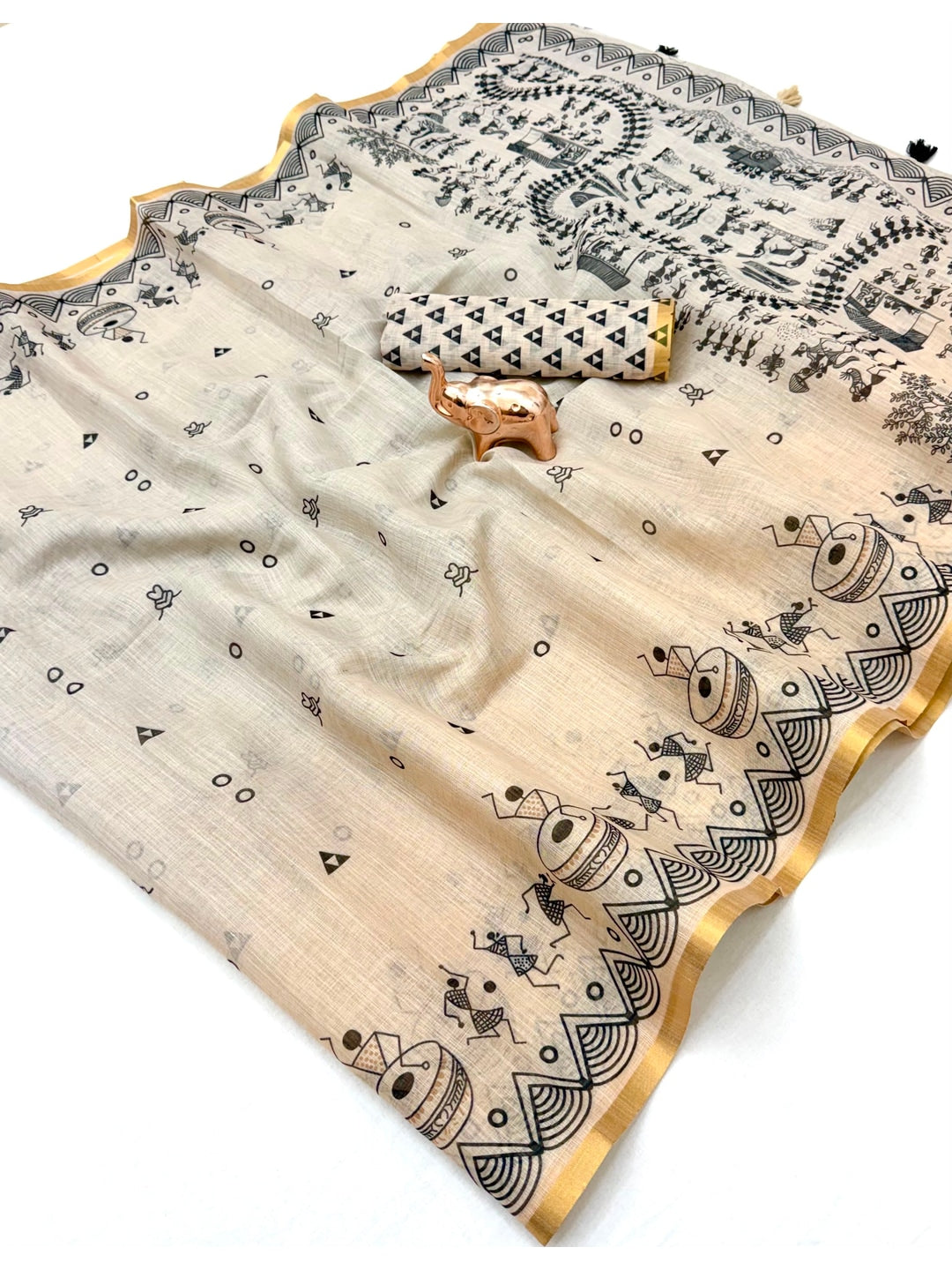 Peachmode Beige Kalamkari Print Linen Cotton Saree - Image 2