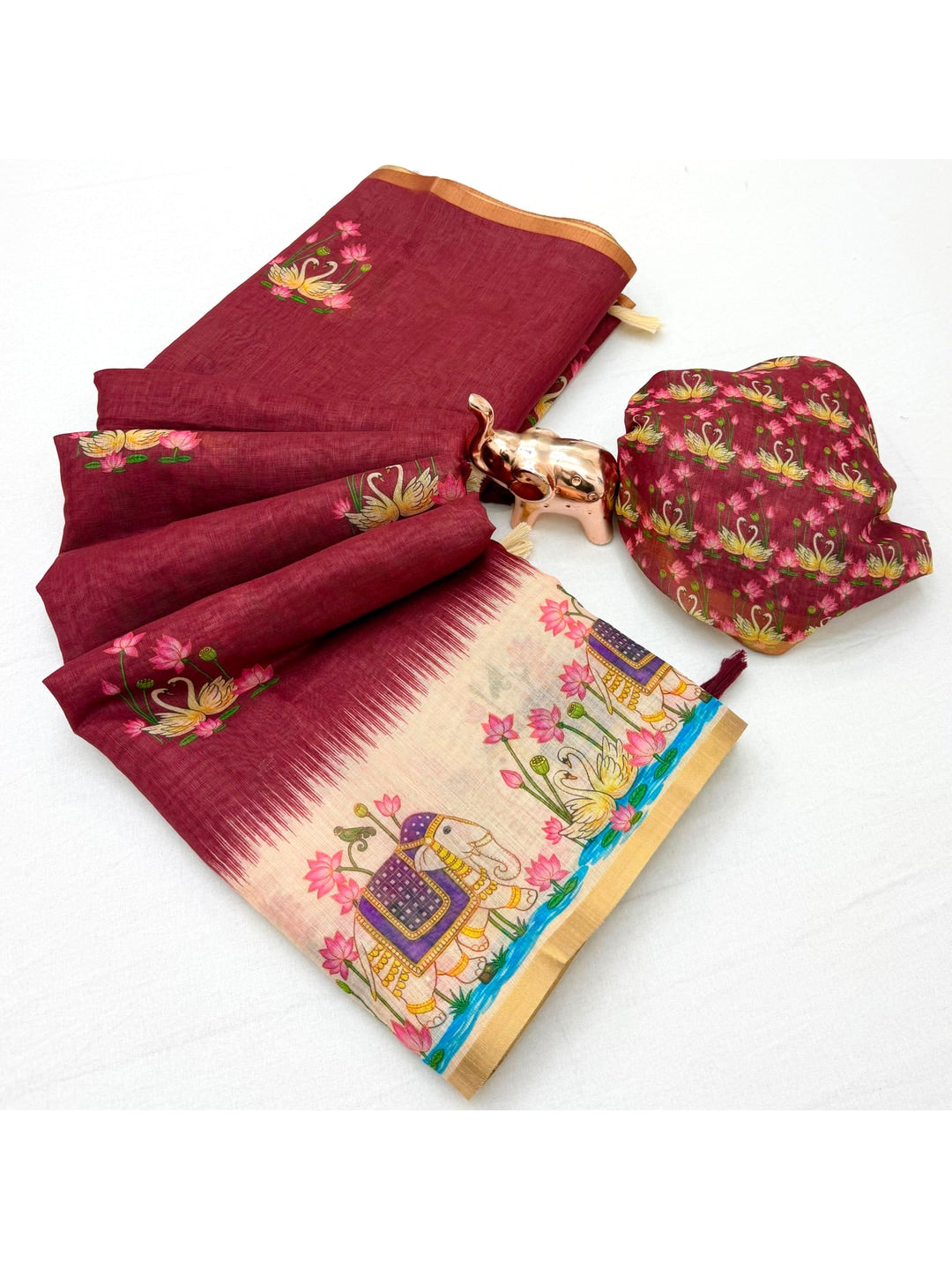 Peachmode Maroon Kalamkari Print Linen Cotton Saree - Image 2