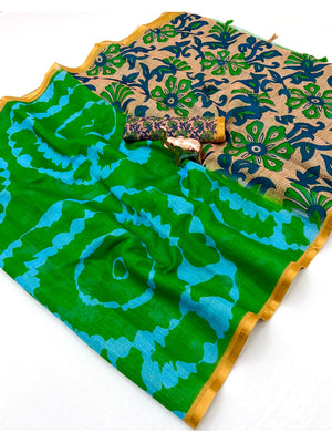 Peachmode Green Kalamkari Print Linen Cotton Saree - Image 2