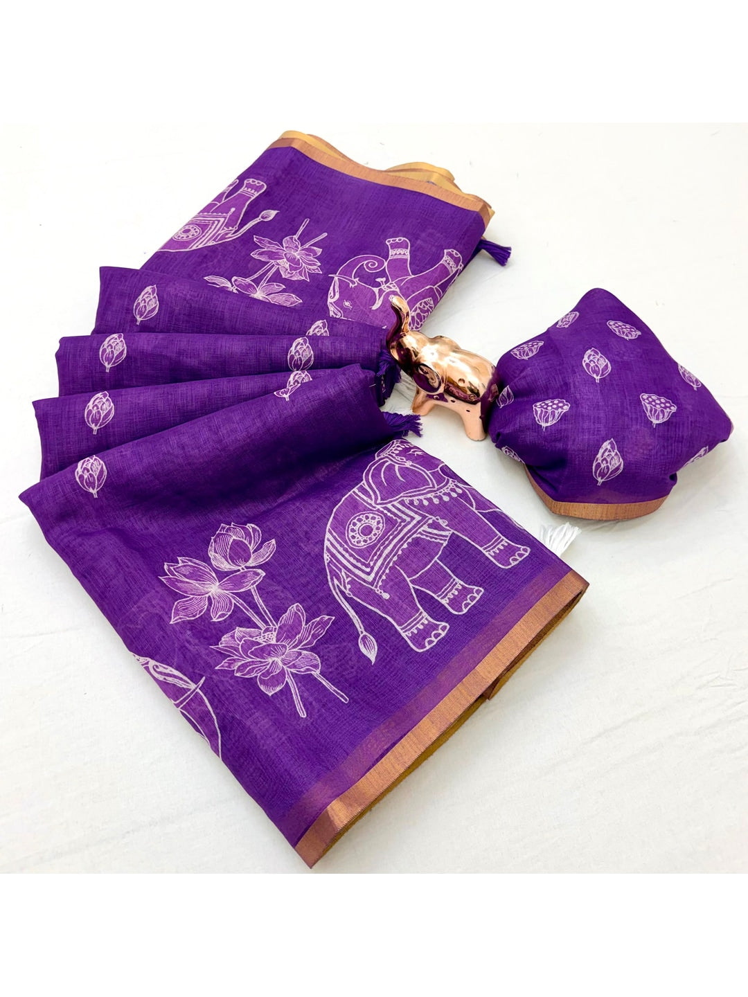 Peachmode Lavender Kalamkari Print Linen Cotton Saree - Image 2