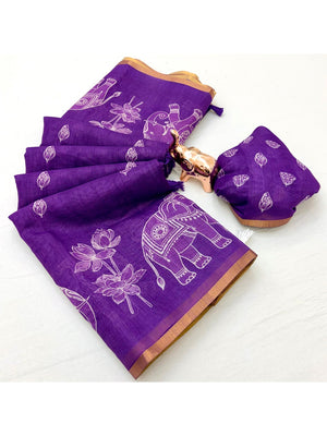 Peachmode Lavender Kalamkari Print Linen Cotton Saree - Image 2