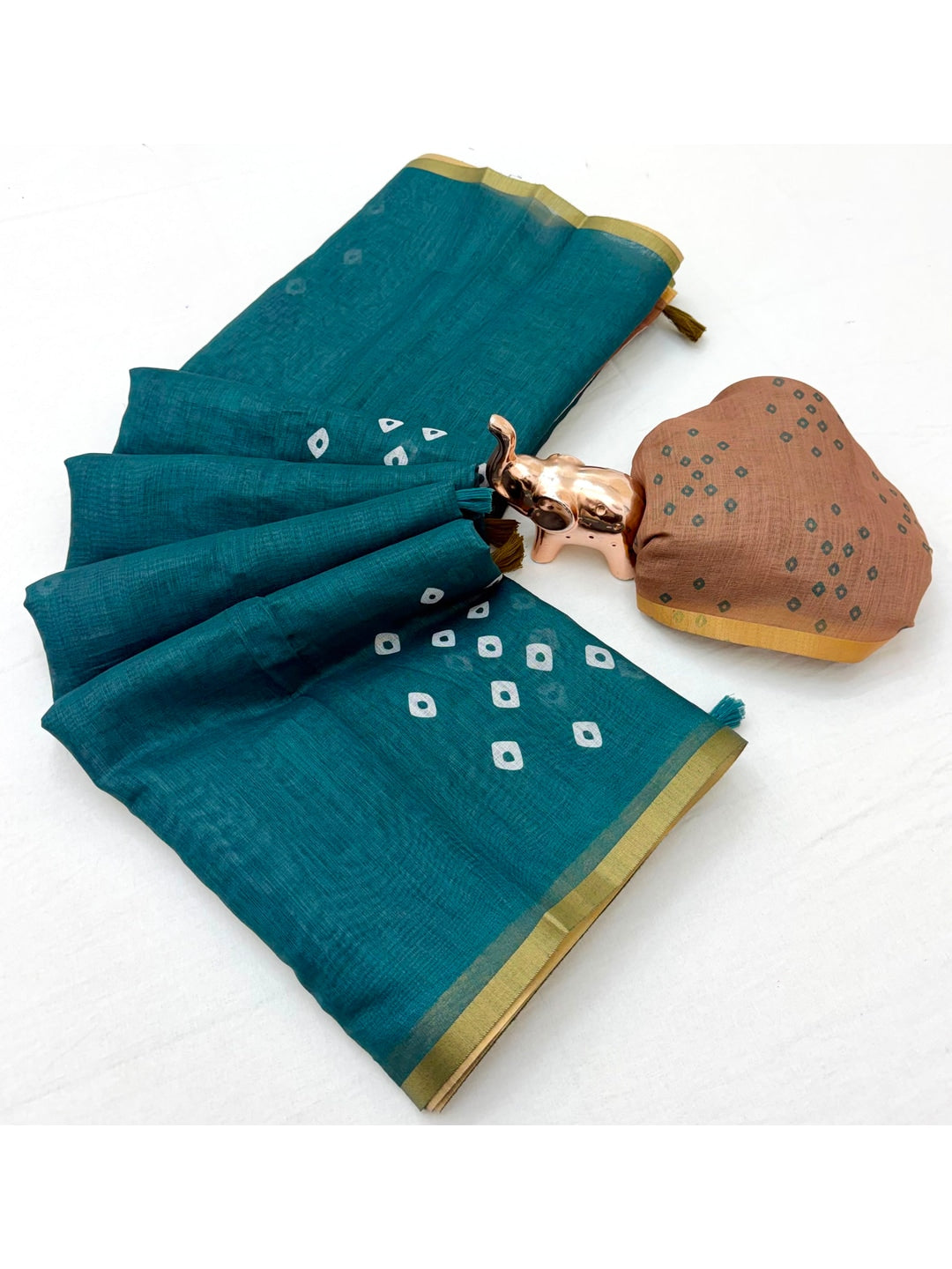 Peachmode Teal Kalamkari Print Linen Cotton Saree - Image 2