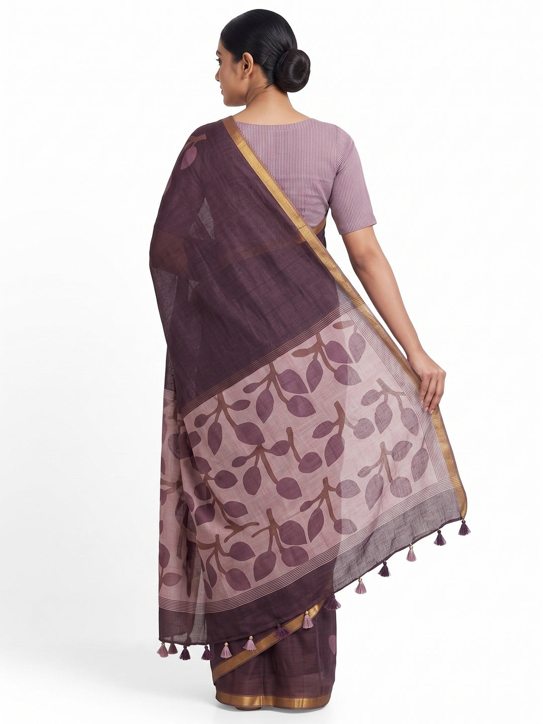 Peachmode Brown Kalamkari Print Linen Cotton Saree - Image 3
