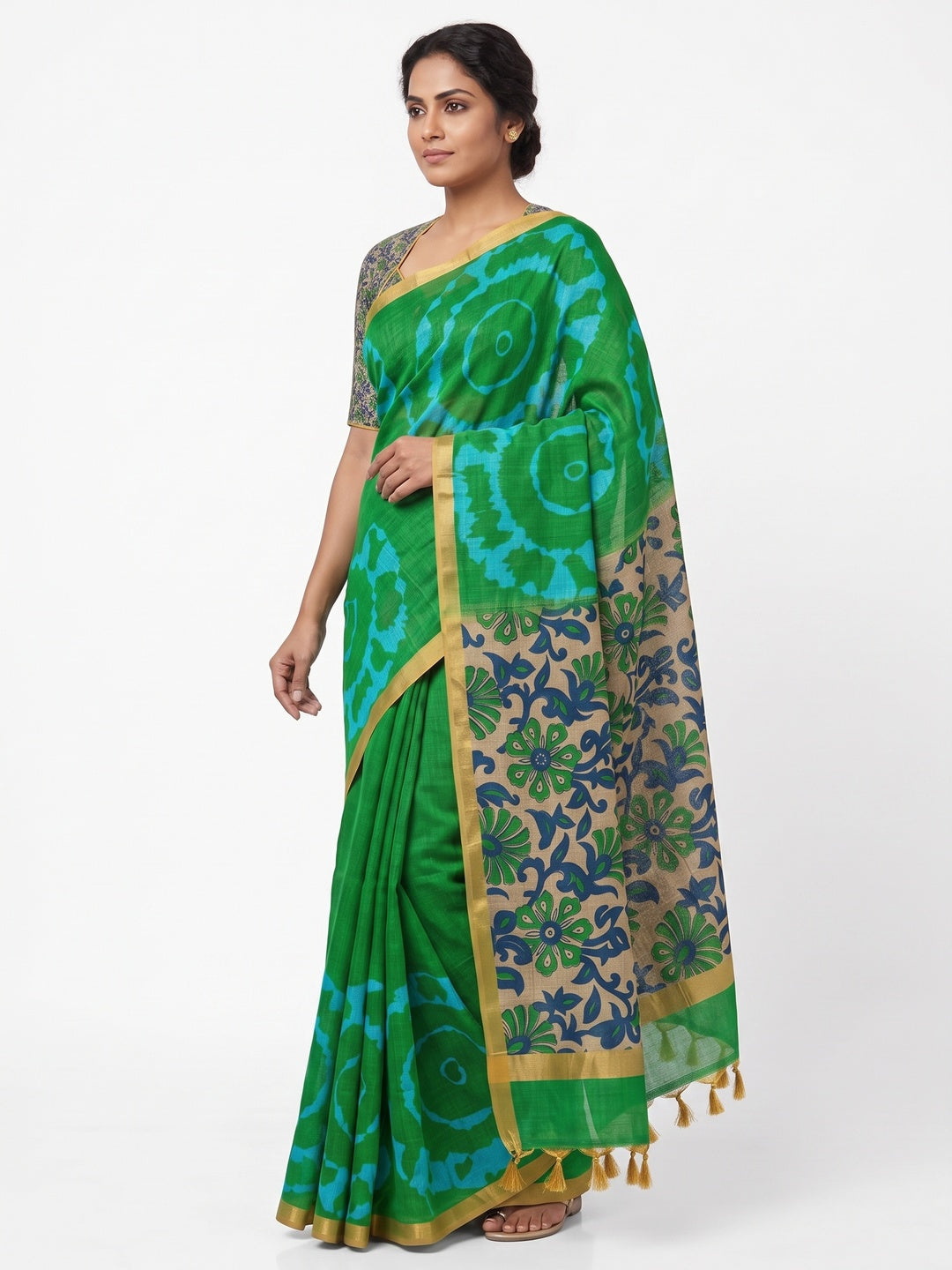 Peachmode Green Kalamkari Print Linen Cotton Saree - Image 4