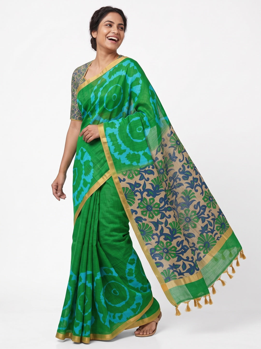Peachmode Green Kalamkari Print Linen Cotton Saree - Image 5