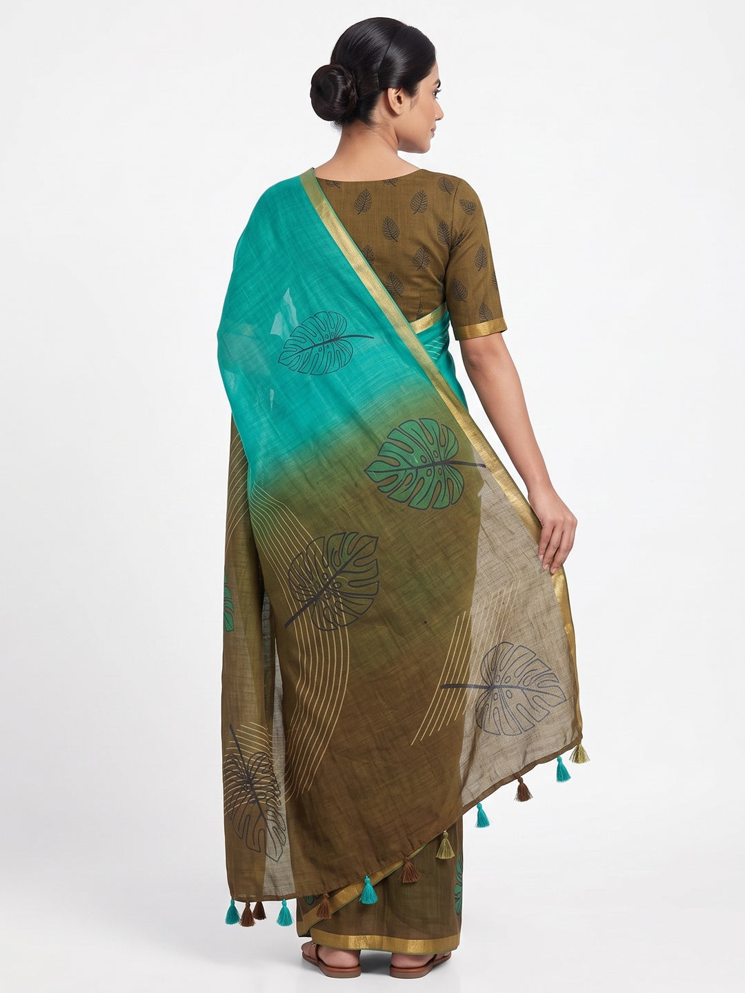 Peachmode Teal Olive Kalamkari Print Linen Cotton Saree - Image 3