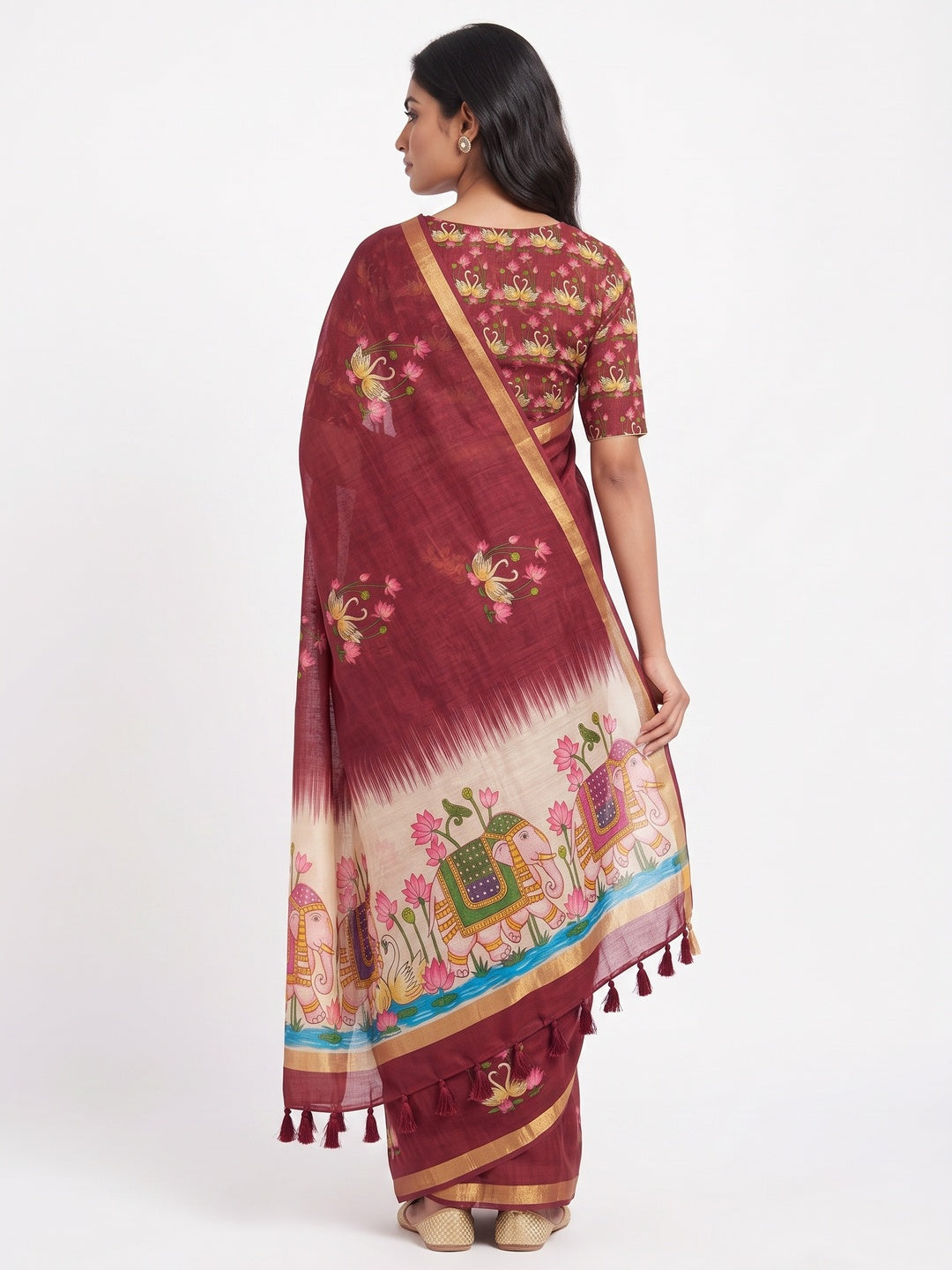 Peachmode Maroon Kalamkari Print Linen Cotton Saree - Image 3