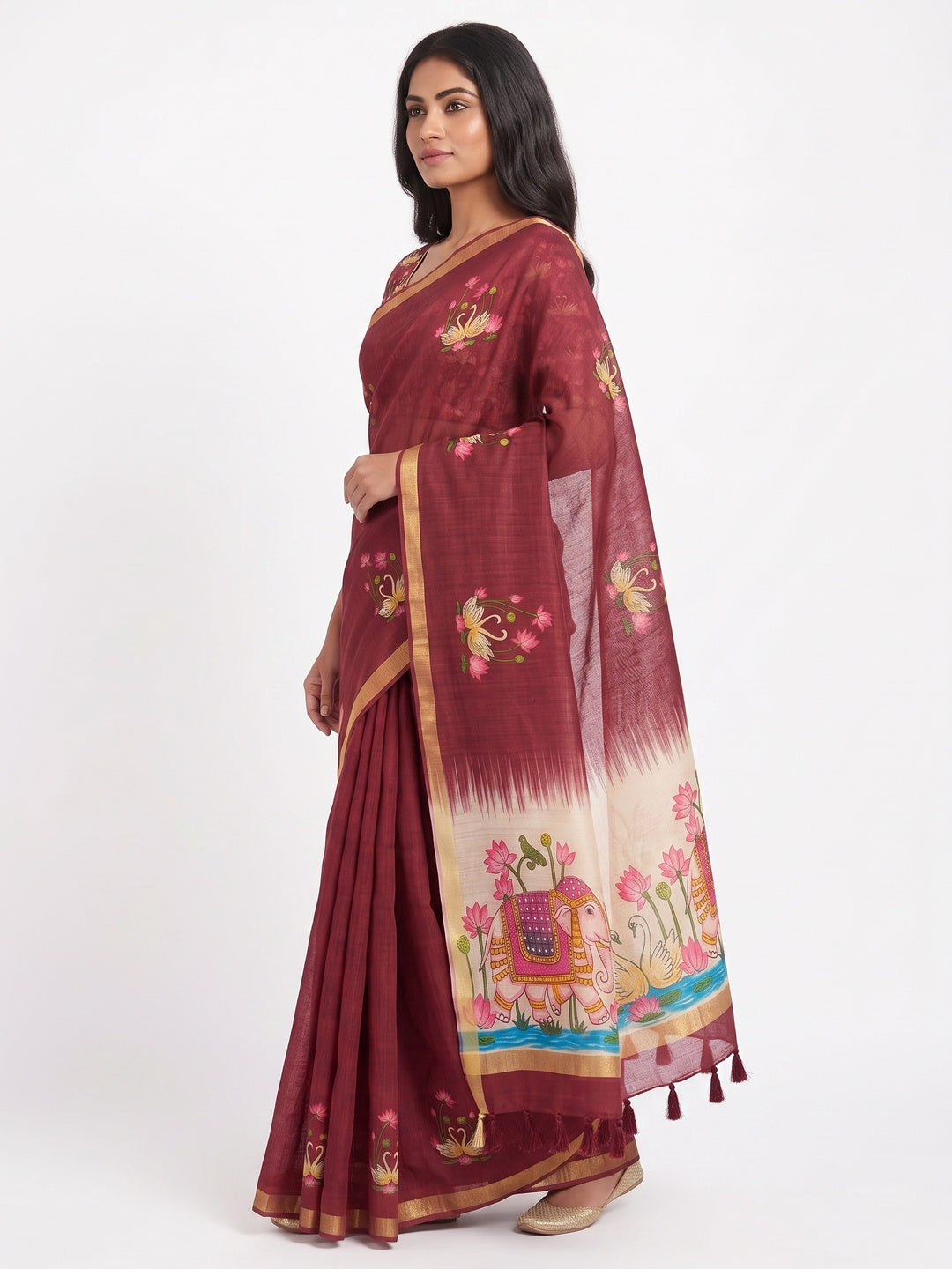 Peachmode Maroon Kalamkari Print Linen Cotton Saree - Image 4