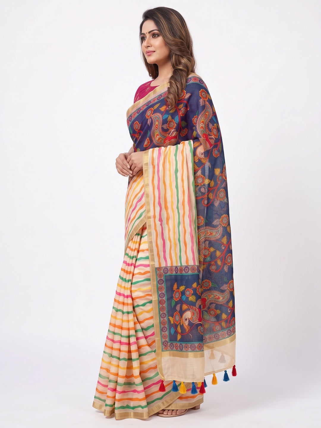 Peachmode Multicolor B Kalamkari Print Linen Cotton Saree - Image 4