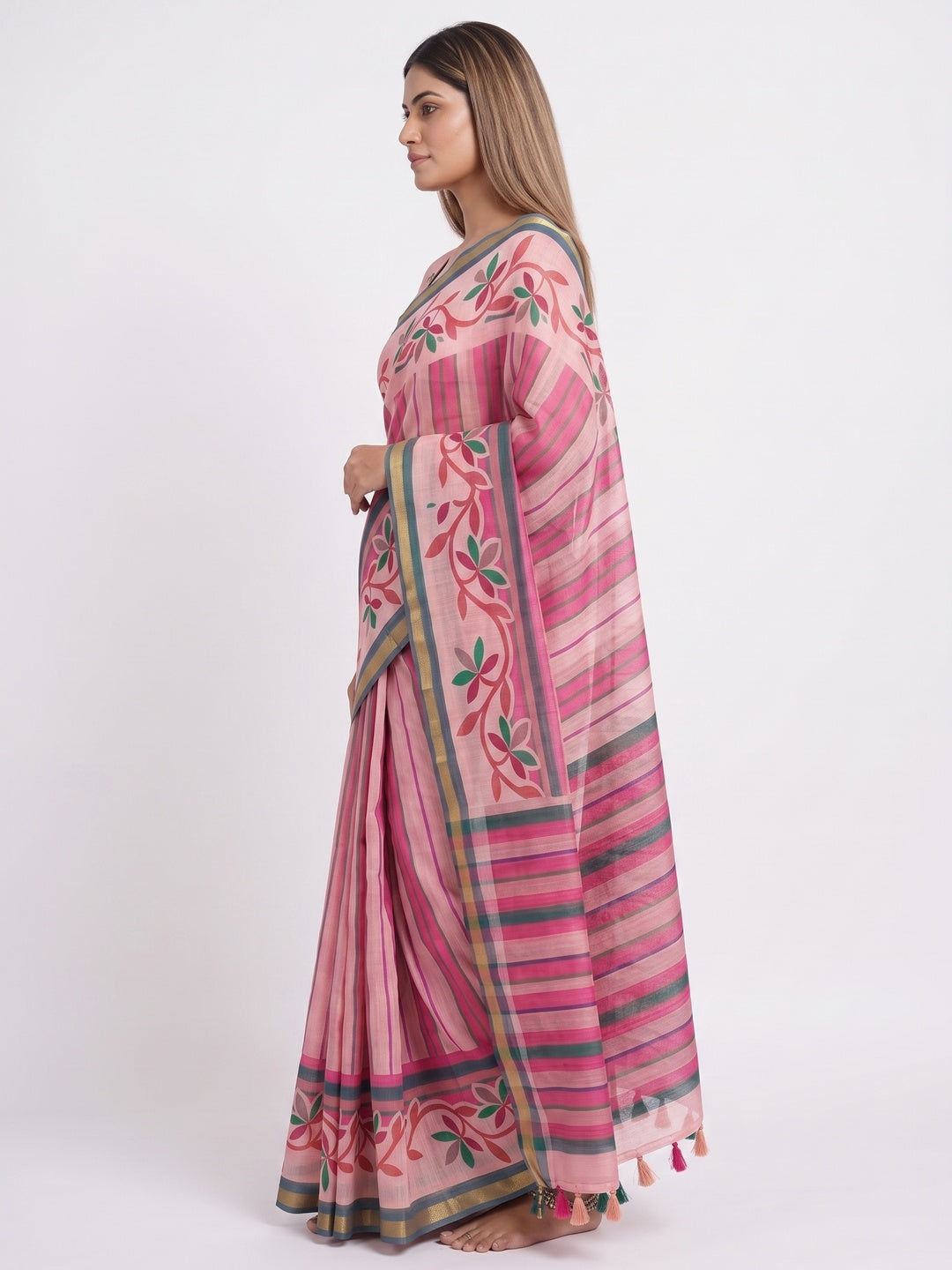 Peachmode Multicolor A Kalamkari Print Linen Cotton Saree - Image 4