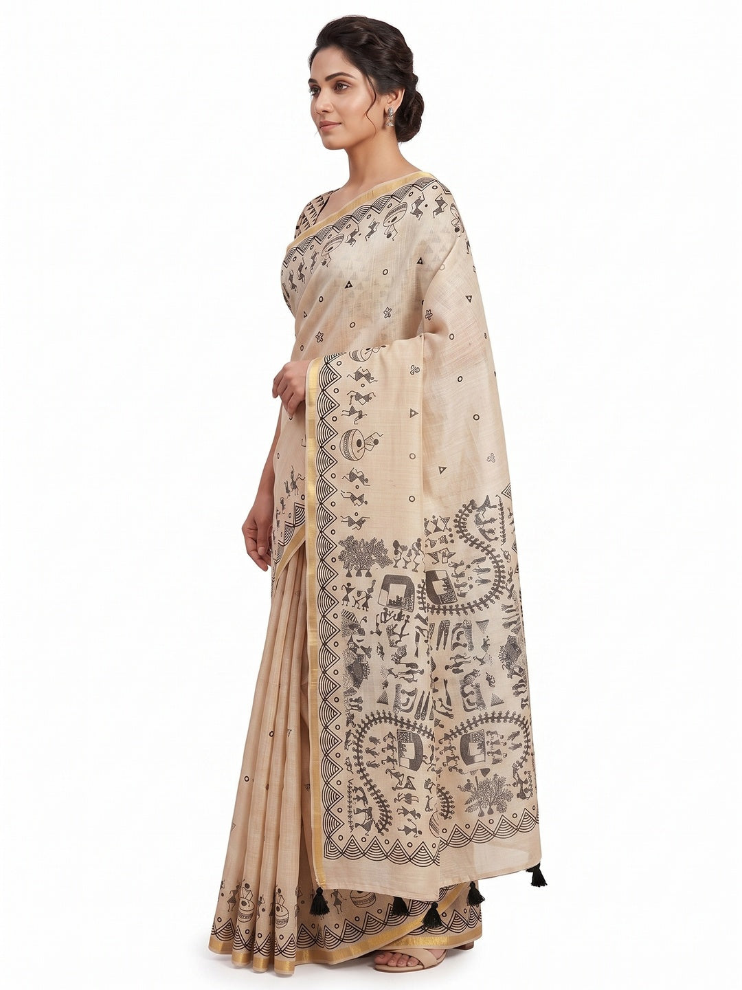 Peachmode Beige Kalamkari Print Linen Cotton Saree - Image 4