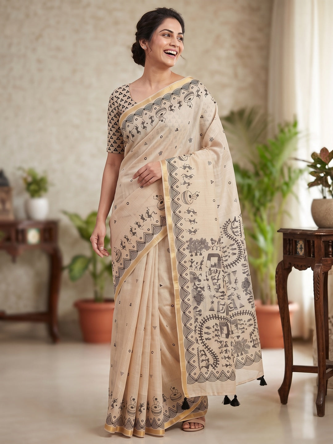 Peachmode Beige Kalamkari Print Linen Cotton Saree - Image 5