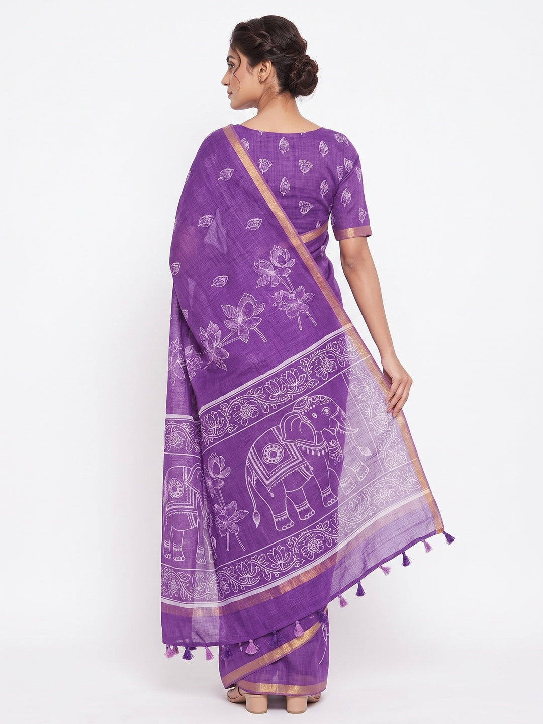 Peachmode Lavender Kalamkari Print Linen Cotton Saree - Image 3