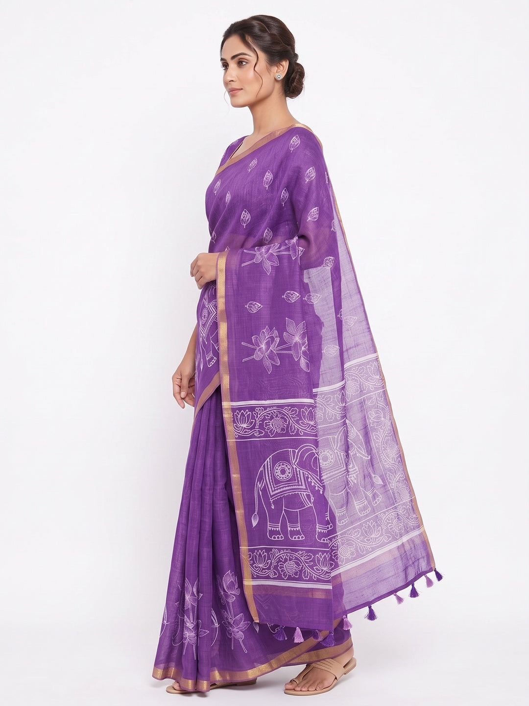 Peachmode Lavender Kalamkari Print Linen Cotton Saree - Image 4