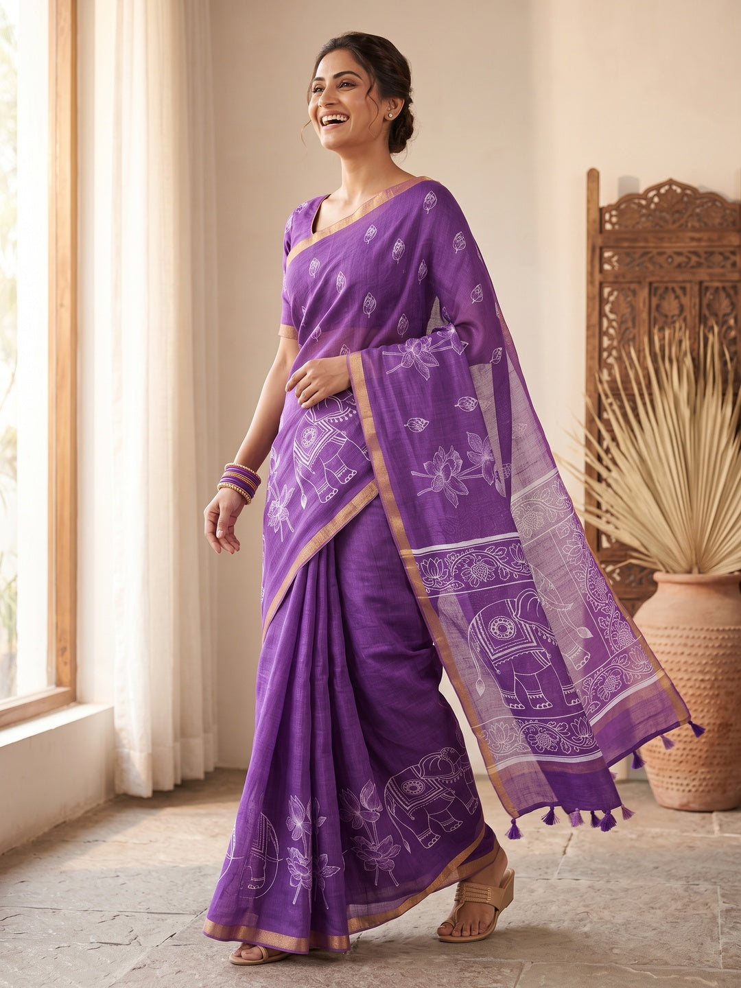 Peachmode Lavender Kalamkari Print Linen Cotton Saree - Image 5