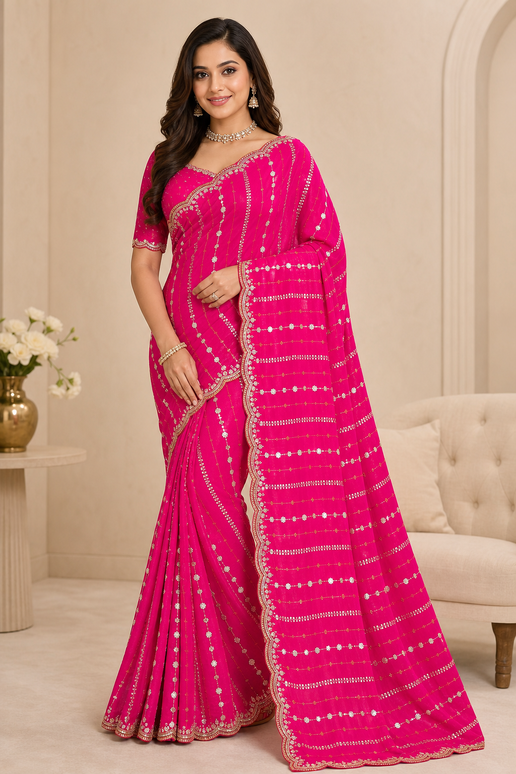 Peachmode Hot Pink Embellished Chinon Saree - Image 1