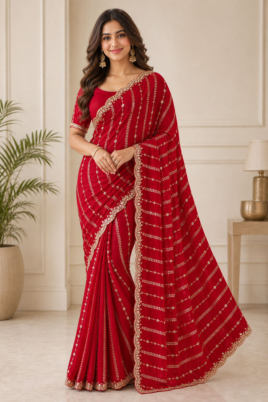 Peachmode Red Embellished Chinon Saree - Image 1