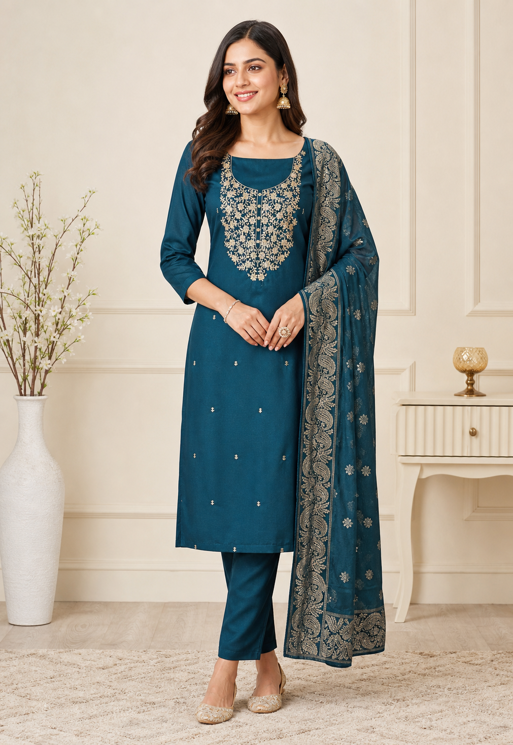 Peachmode Teal Embroidered Roman Silk Dress Material - Image 1