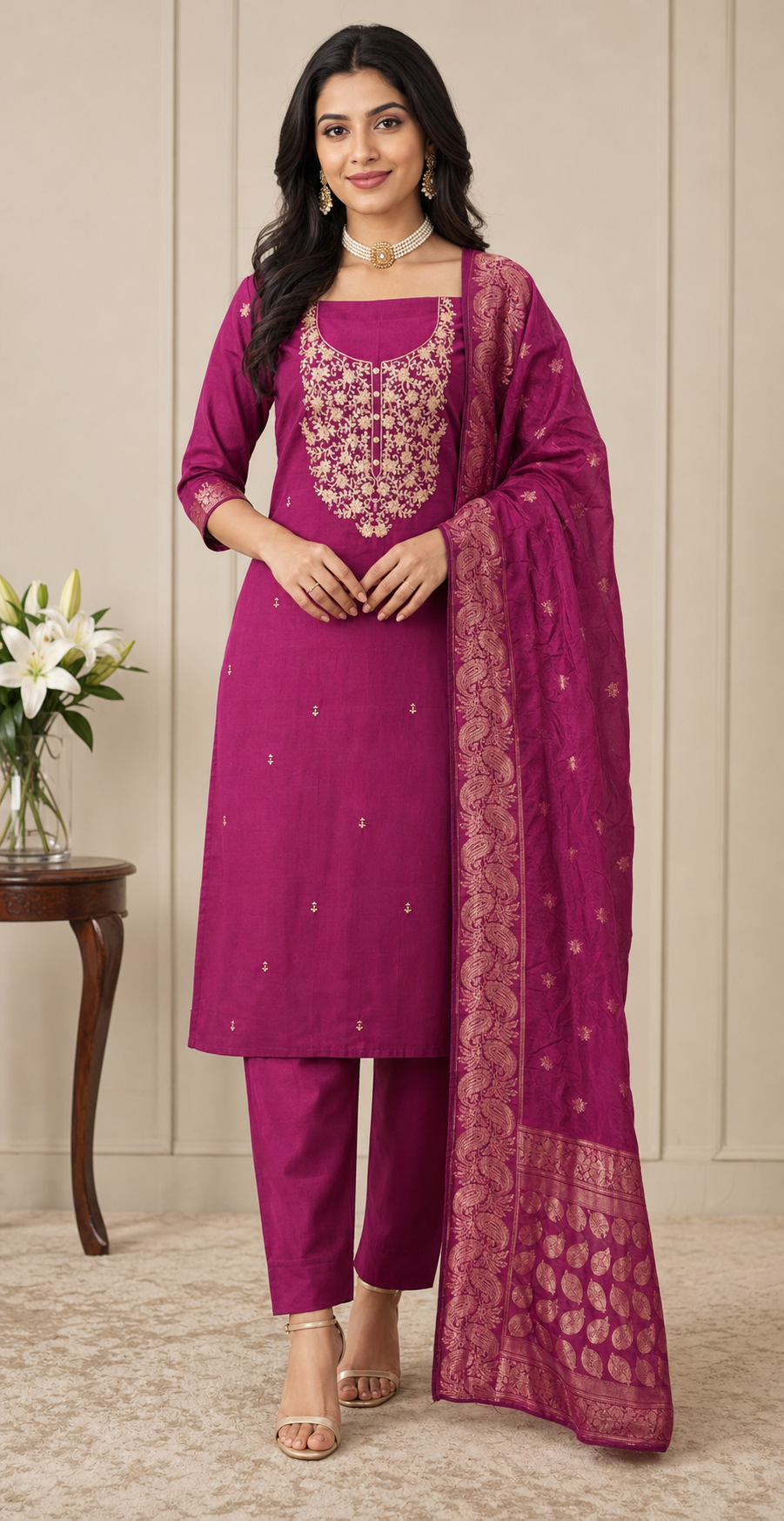 Peachmode Magenta Embroidered Roman Silk Dress Material - Image 1