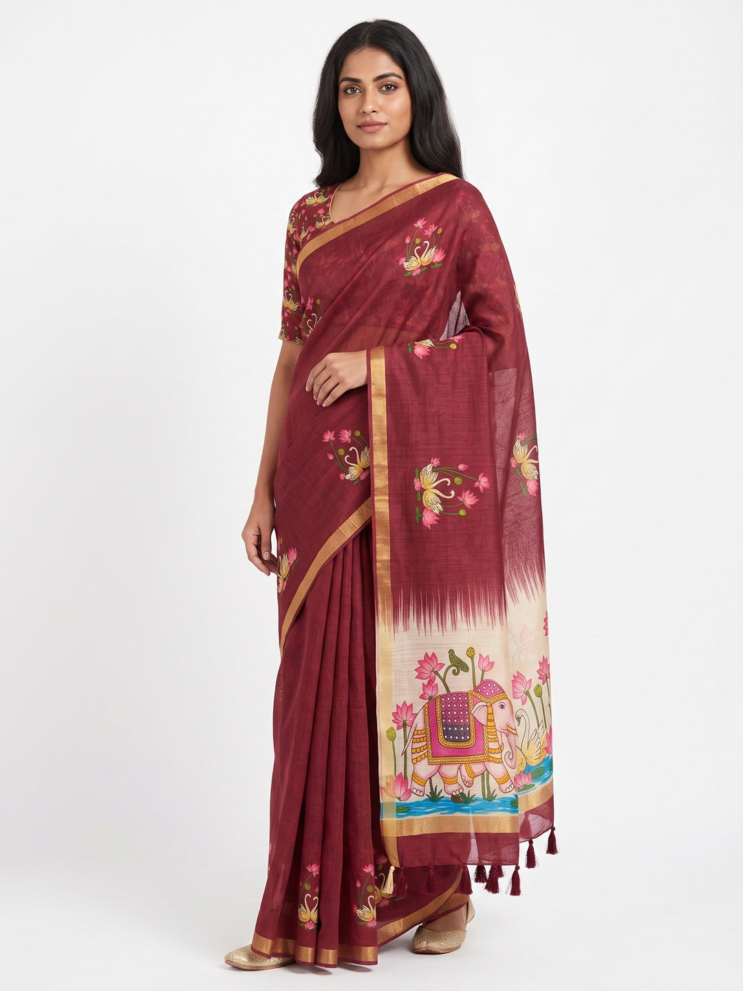 Peachmode Maroon Kalamkari Print Linen Cotton Saree - Image 1