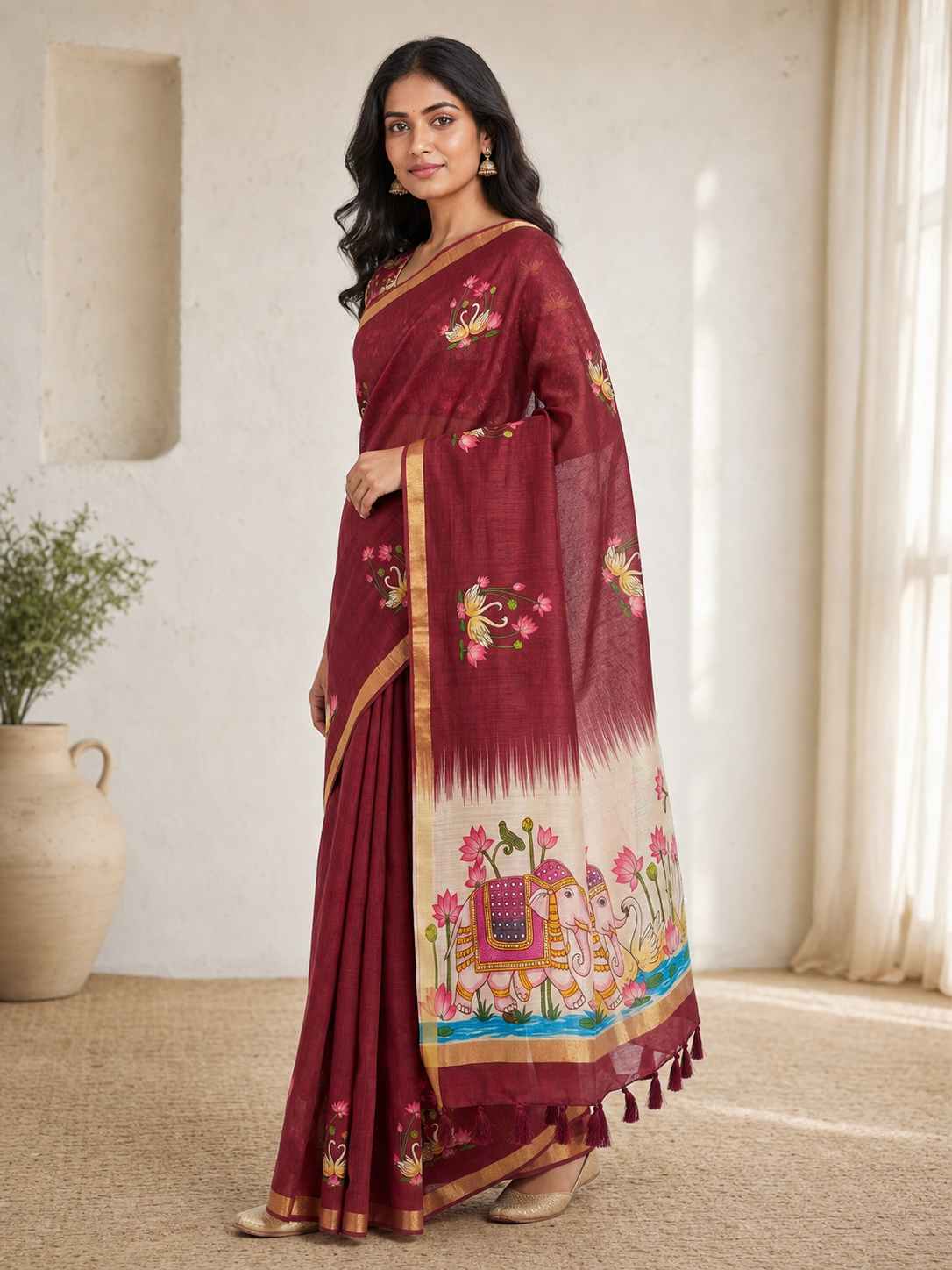 Peachmode Maroon Kalamkari Print Linen Cotton Saree - Image 5