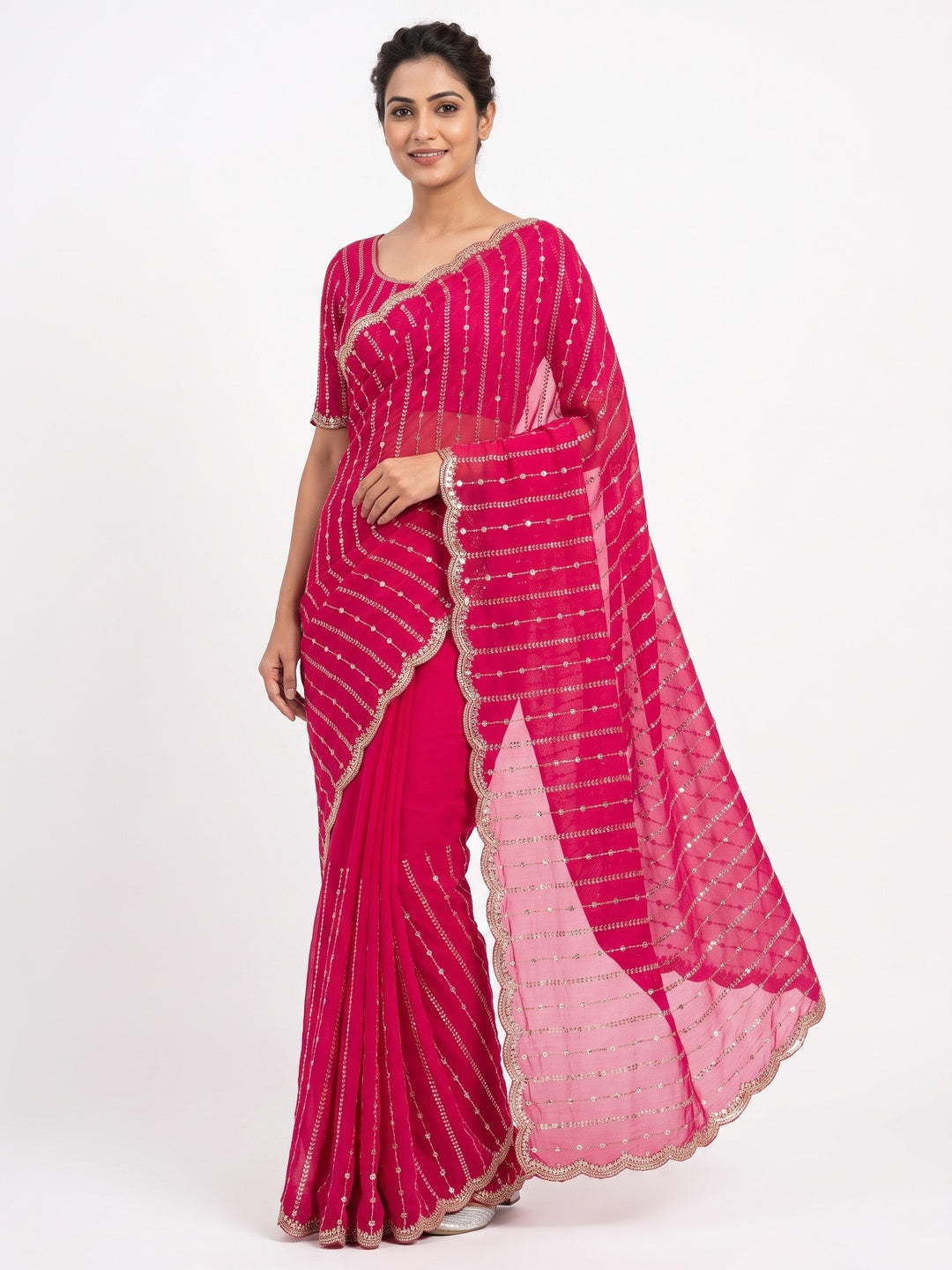 Peachmode Rani Pink Embellished Chinon Saree - Image 1
