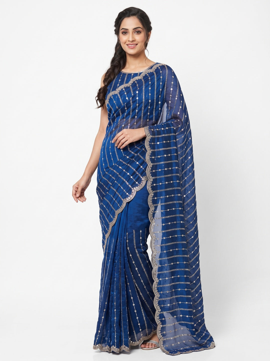 Peachmode Royal Blue Embellished Chinon Saree - Image 1