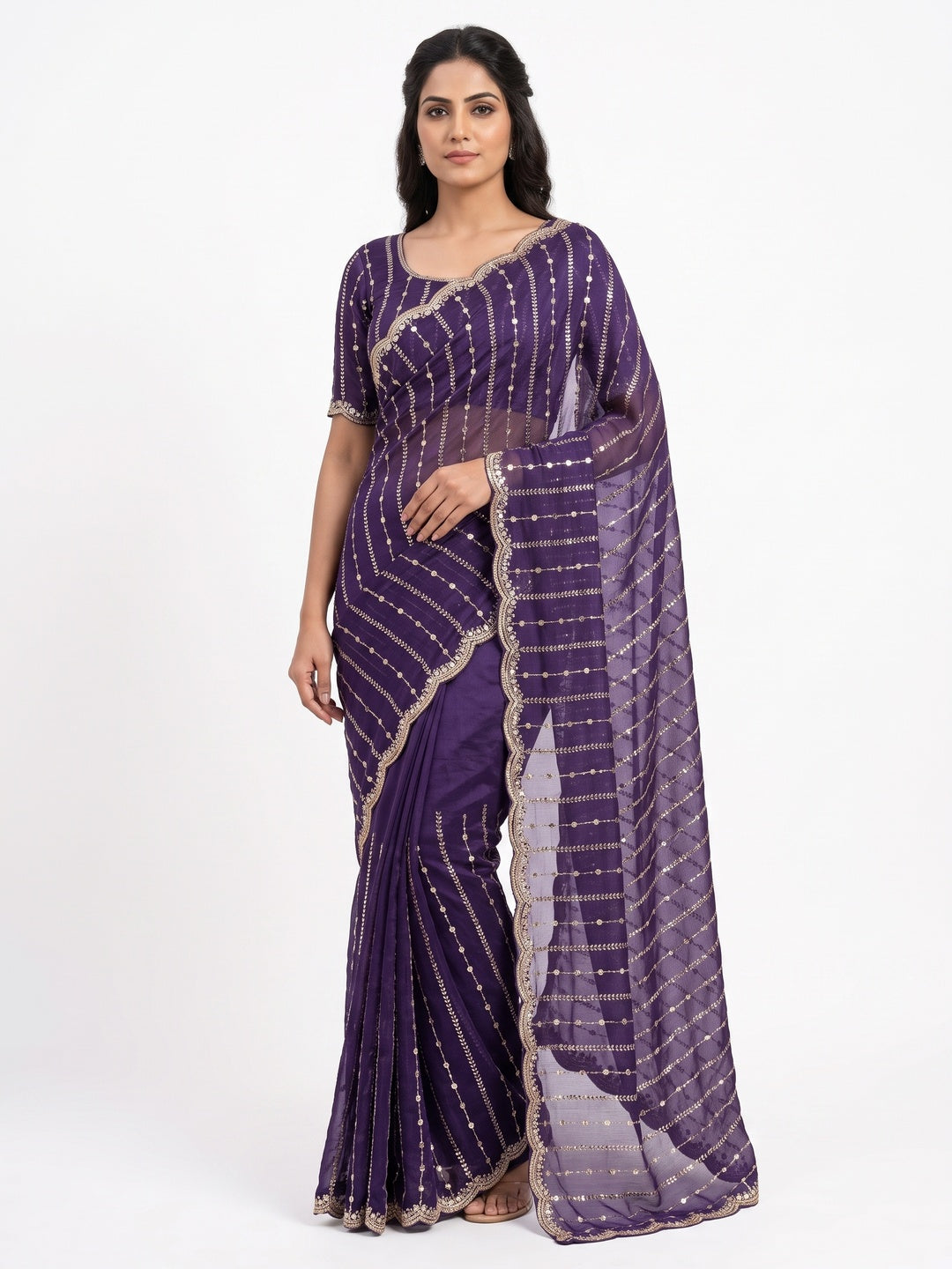 Peachmode Purple Embellished Chinon Saree - Image 1
