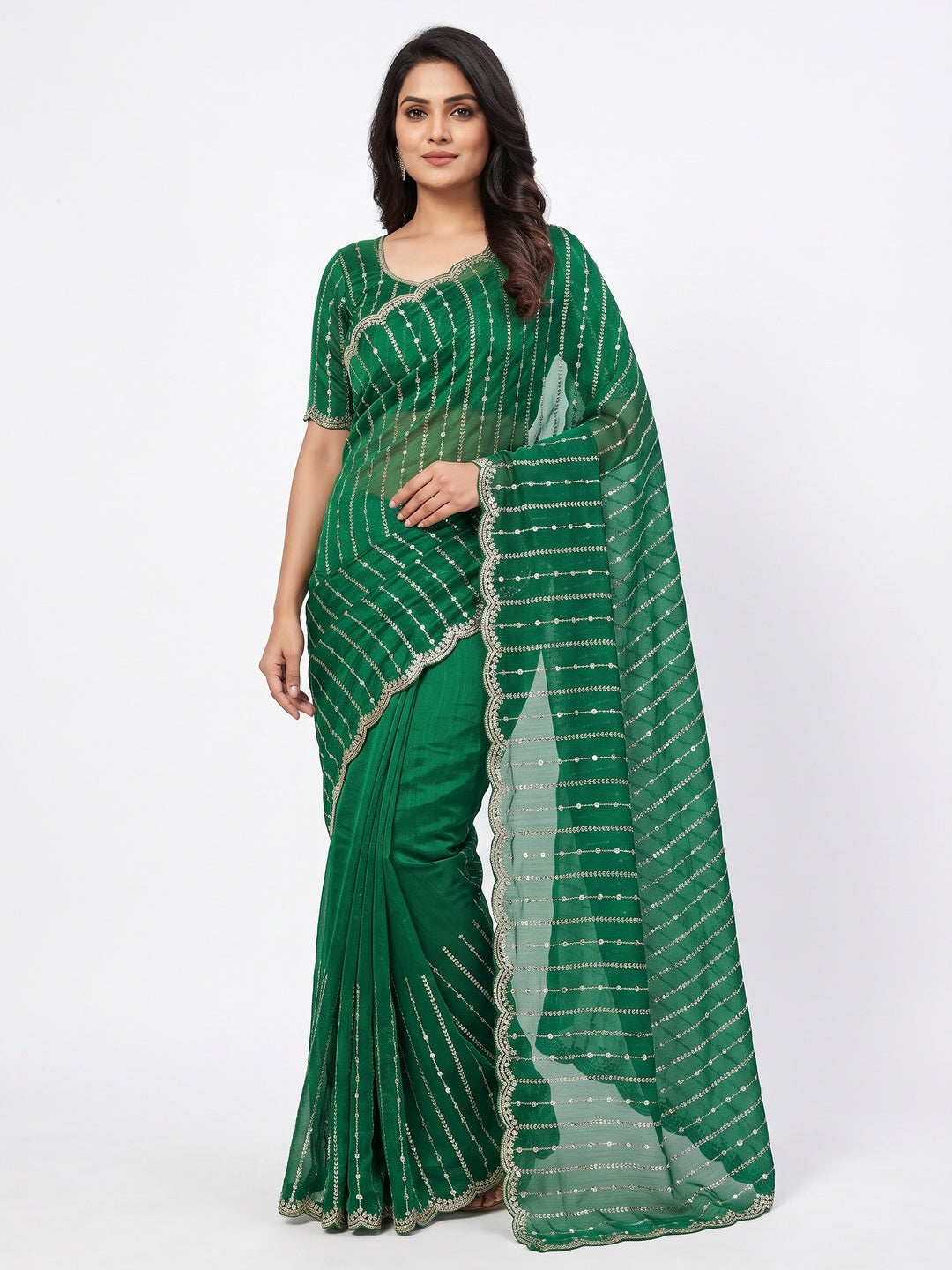 Peachmode Green Embellished Chinon Saree - Image 1