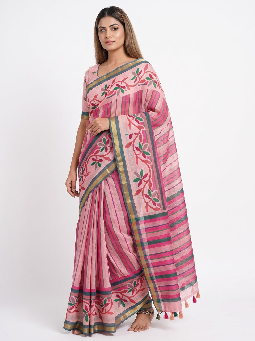 Peachmode Multicolor A Kalamkari Print Linen Cotton Saree - Image 1