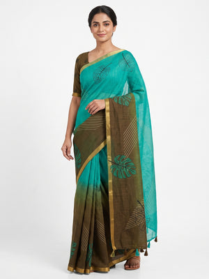 Peachmode Teal Olive Kalamkari Print Linen Cotton Saree - Image 1