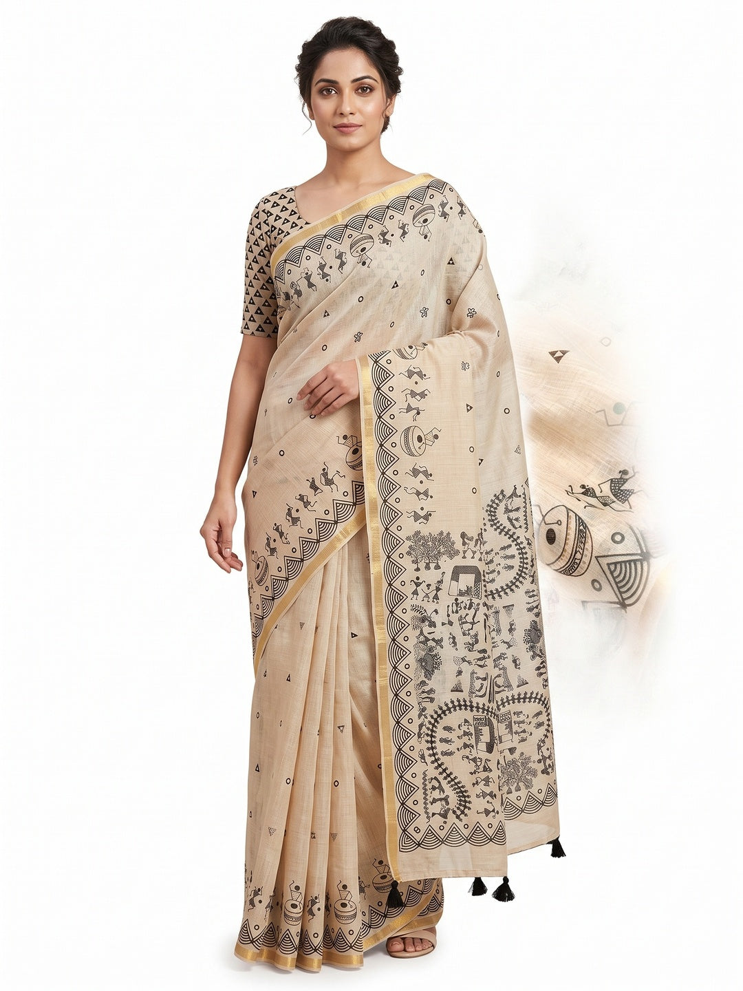 Peachmode Beige Kalamkari Print Linen Cotton Saree - Image 1
