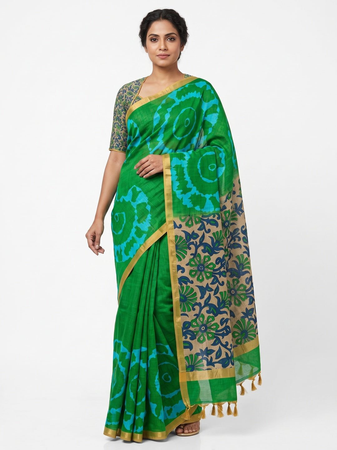Peachmode Green Kalamkari Print Linen Cotton Saree - Image 1