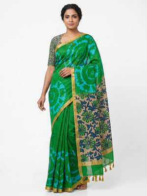 Peachmode Green Kalamkari Print Linen Cotton Saree - Image 1