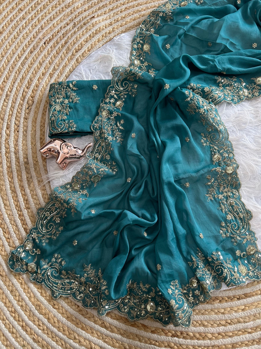 Peachmode Teal Sequin Embroidered Georgette Saree - Image 2