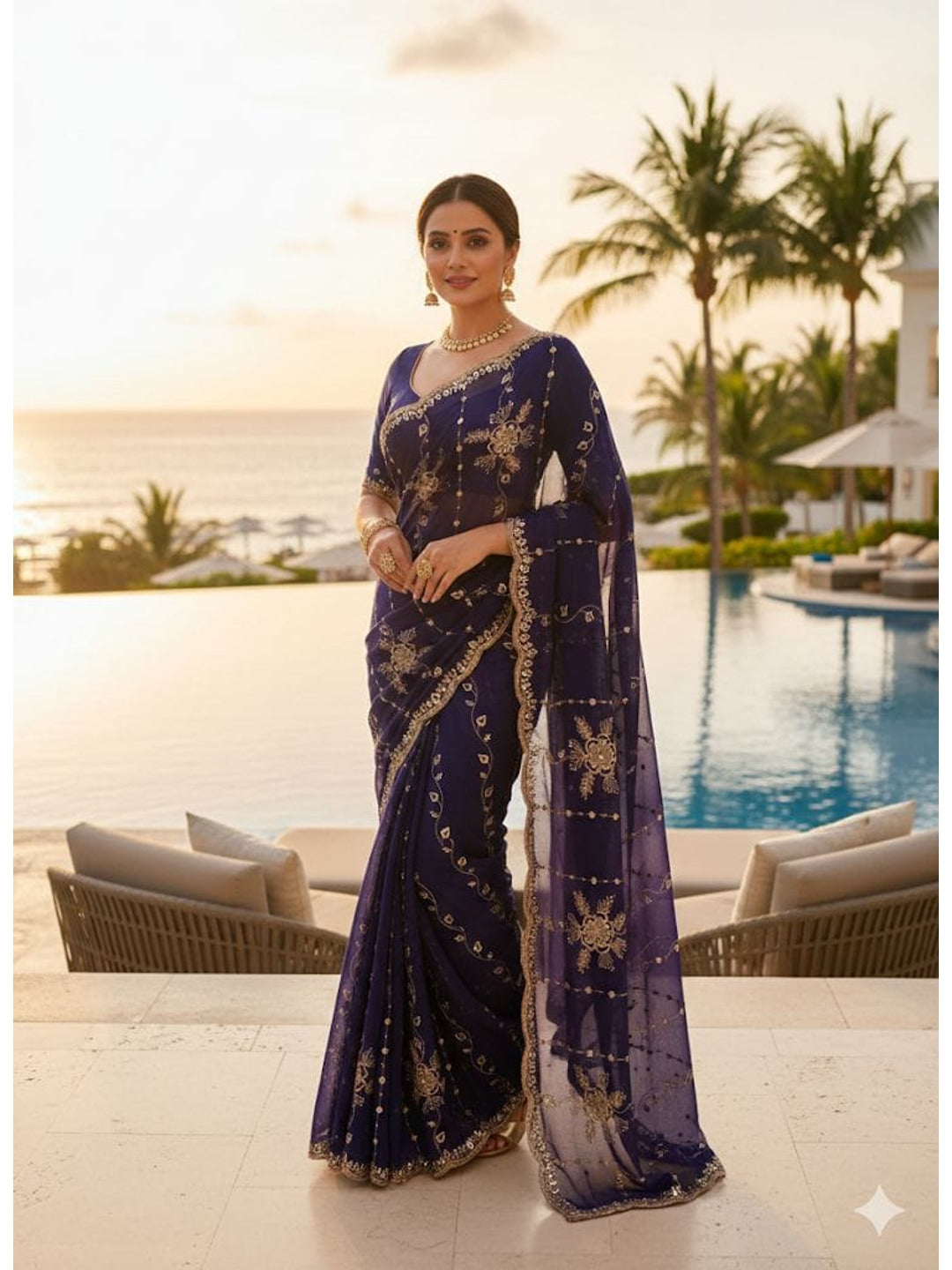 Peachmode Purple Floral Embroidered Fendi Satin Saree - Image 1