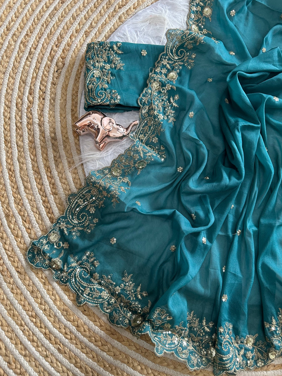 Peachmode Teal Sequin Embroidered Georgette Saree - Image 3