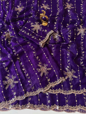 Peachmode Purple Floral Embroidered Fendi Satin Saree - Image 2