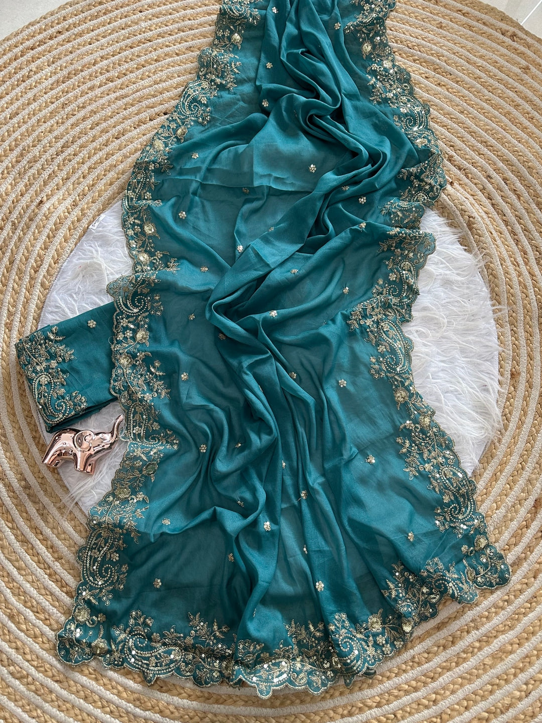 Peachmode Teal Sequin Embroidered Georgette Saree - Image 4
