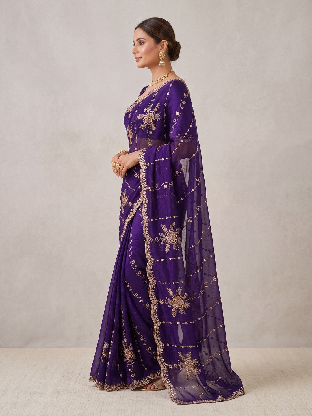 Peachmode Purple Floral Embroidered Fendi Satin Saree - Image 5