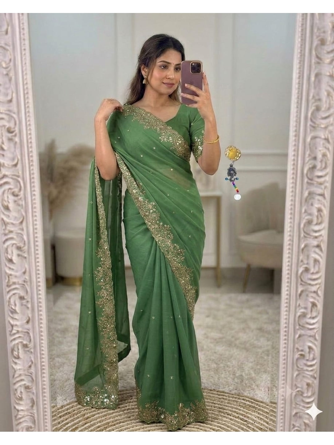 Peachmode Green Sequin Embroidered Georgette Saree - Image 1