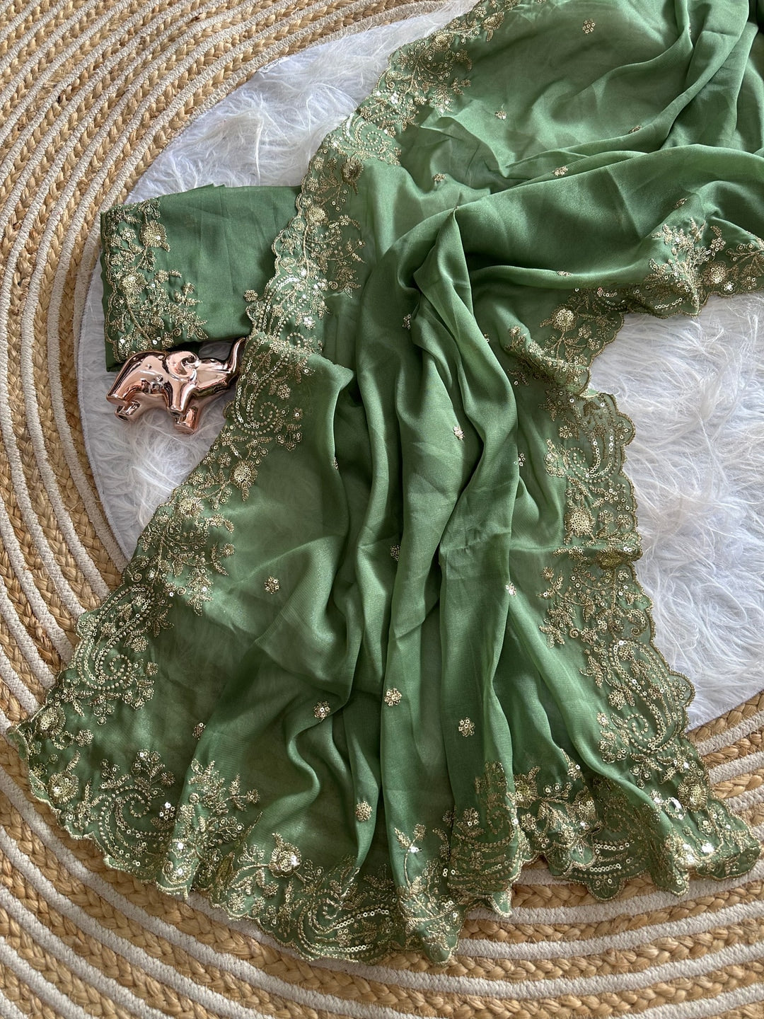 Peachmode Green Sequin Embroidered Georgette Saree - Image 2