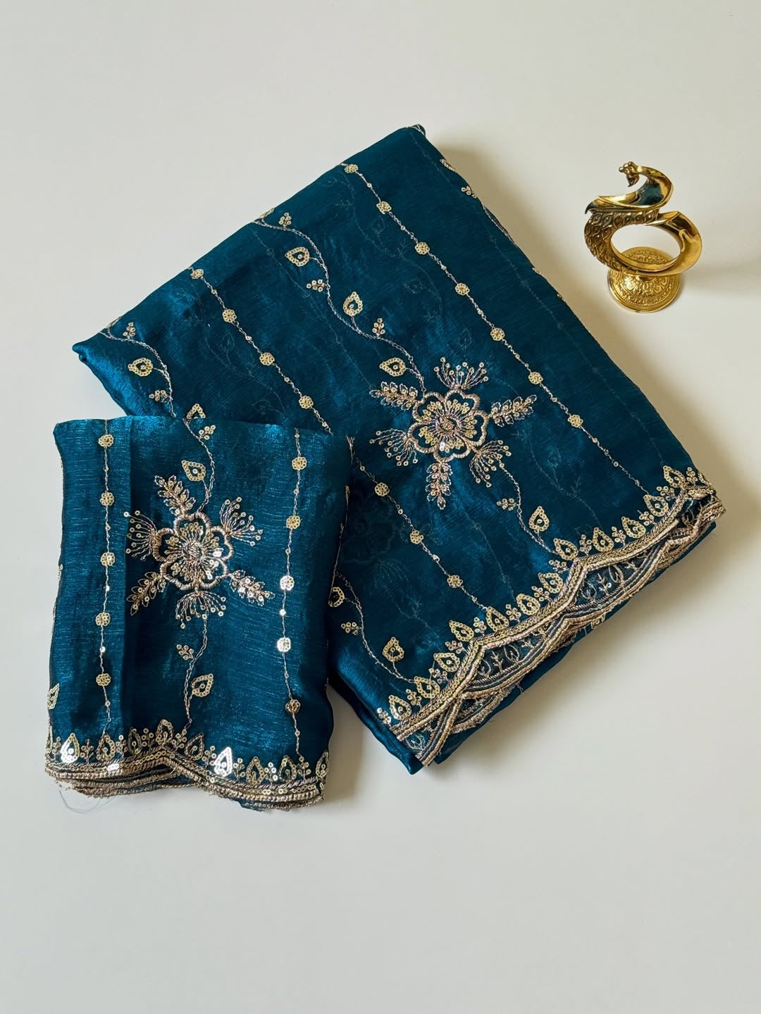 Peachmode Teal Floral Embroidered Fendi Satin Saree - Image 4