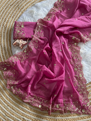 Peachmode Onion Pink Sequin Embroidered Georgette Saree - Image 2