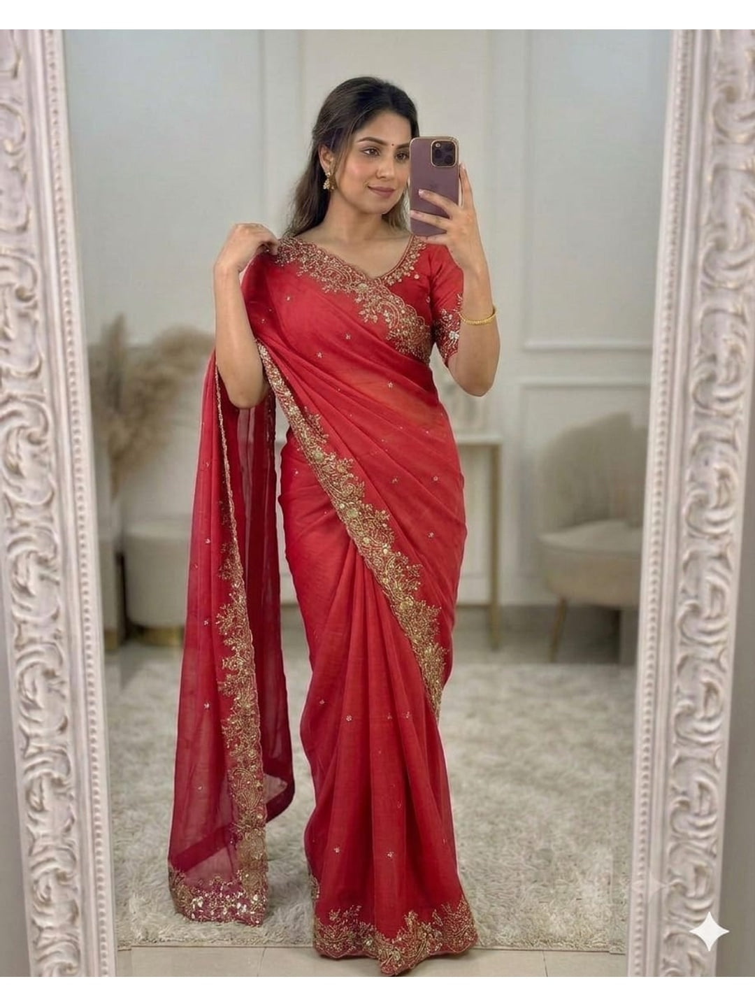 Peachmode Gajari Sequin Embroidered Georgette Saree - Image 1
