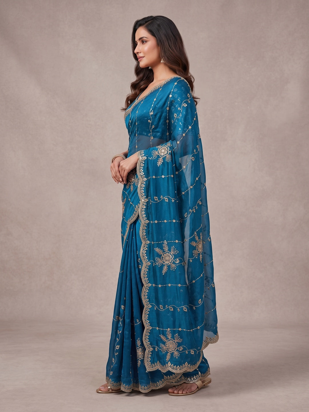 Peachmode Teal Floral Embroidered Fendi Satin Saree - Image 5